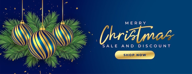 Venta de feliz navidad y banner promocional de descuento con bolas y hojas de navidad