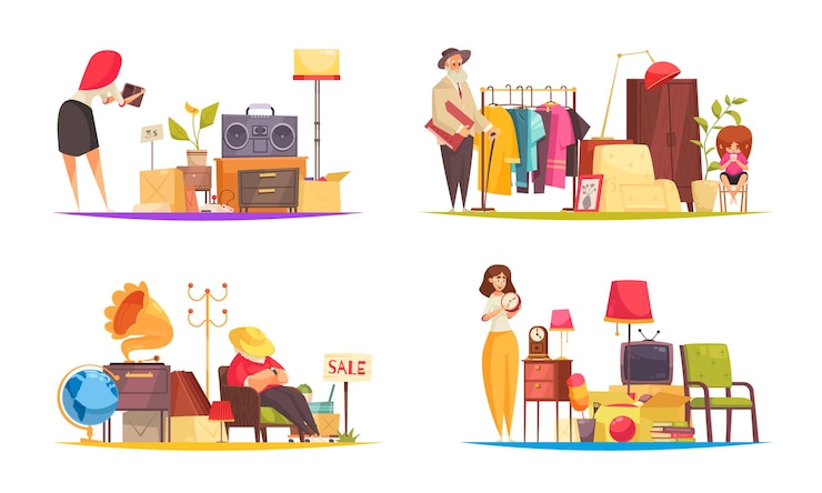 Vector gratuito venta de garaje con ropa y personal plano aislado.