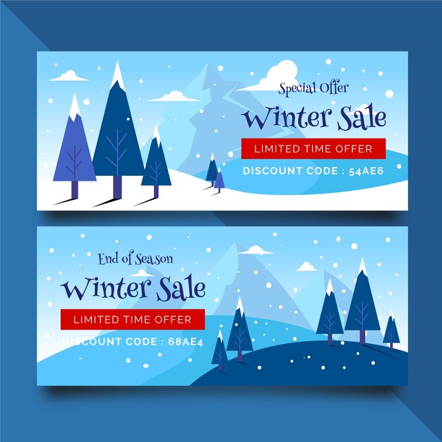 Venta de invierno plana pancartas con nieve y árboles