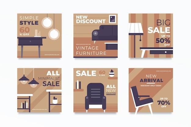 Vector gratuito venta de muebles colección de publicaciones de instagram