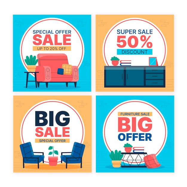 Vector gratuito venta de muebles colección de publicaciones de instagram