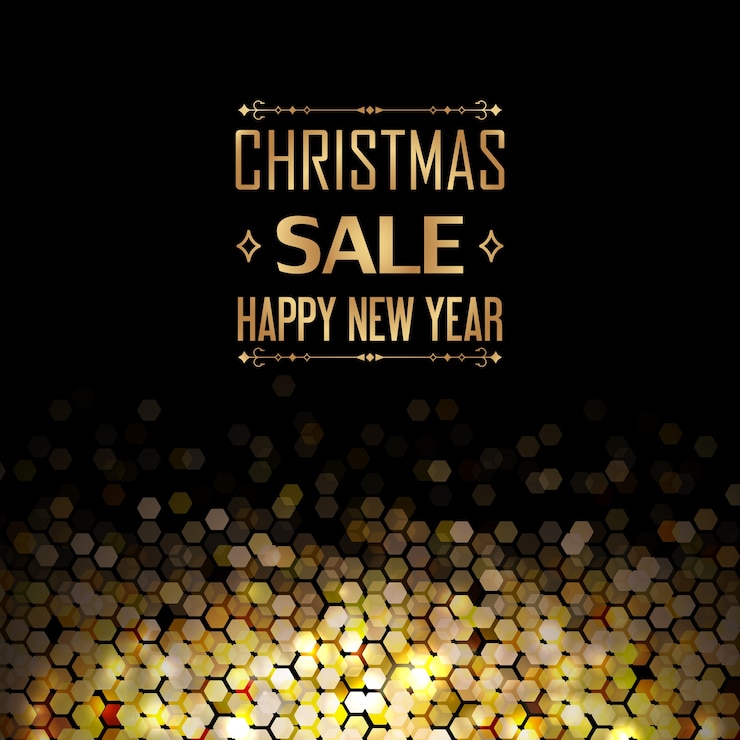 Vector gratuito venta de navidad y plantilla de feliz año nuevo con flechas decorativas y elementos dorados hexagonales como peines en negro