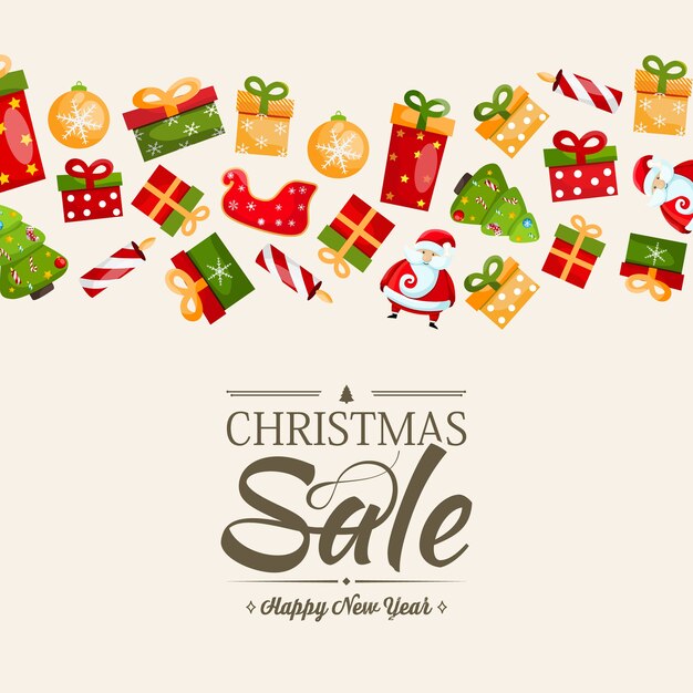 Venta de navidad y plantilla de feliz año nuevo con texto sobre descuentos en el centro y muchos regalos coloridos