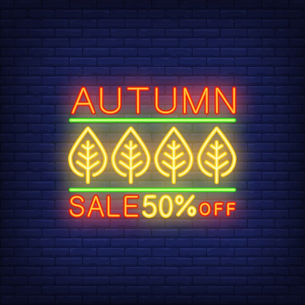 Venta de otoño, cincuenta por ciento de descuento en el icono de neón
