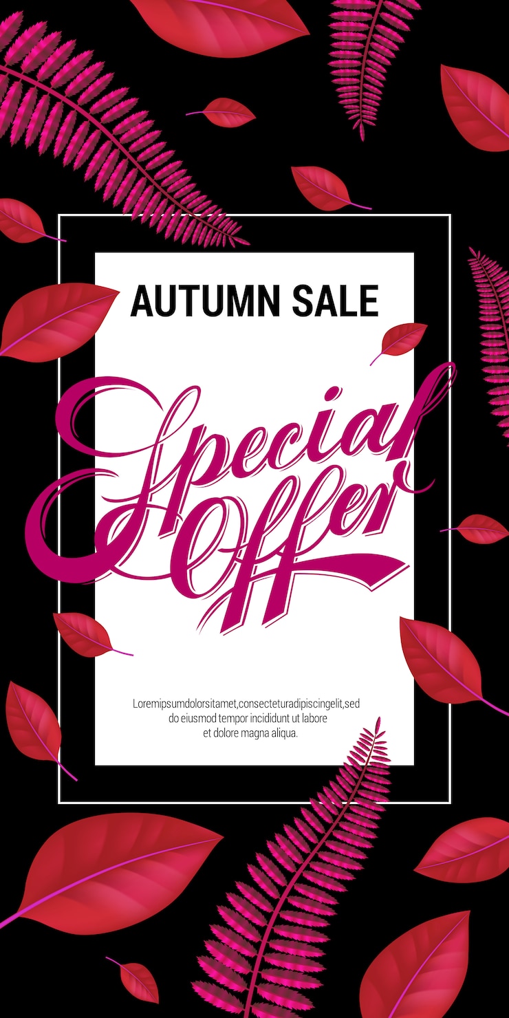 Vector gratuito venta de otoño, letras de oferta especial con hojas de color púrpura. oferta de otoño o publicidad de venta