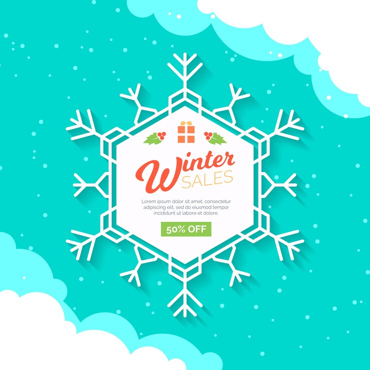 Vector gratuito venta plana de invierno con copo de nieve blanca