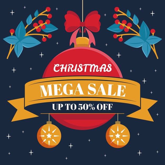 Venta plana de navidad con bola de navidad y muérdago