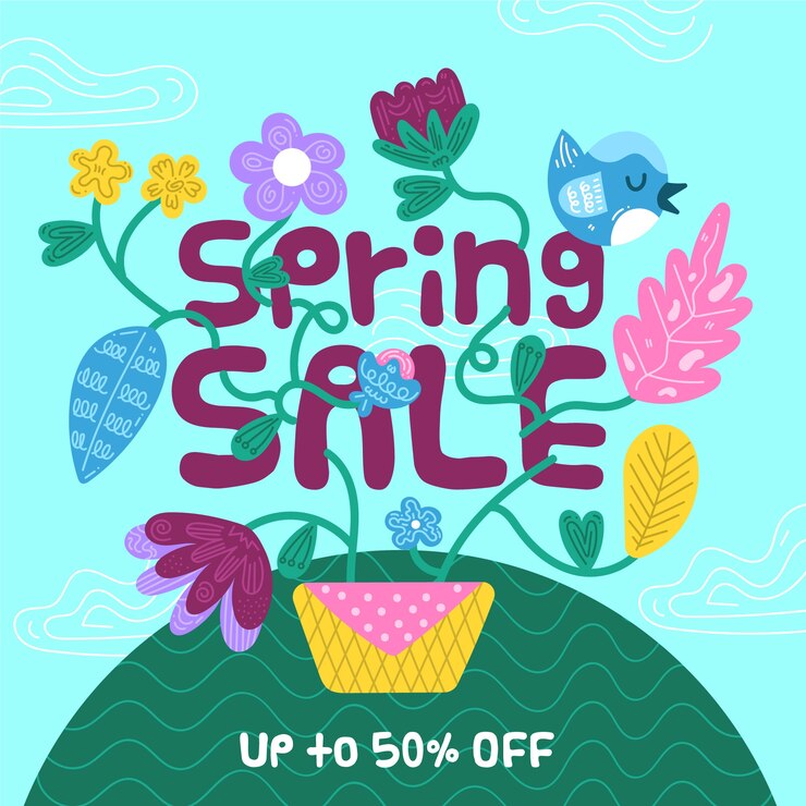 Vector gratuito venta de primavera de diseño plano con flores de colores y oferta especial