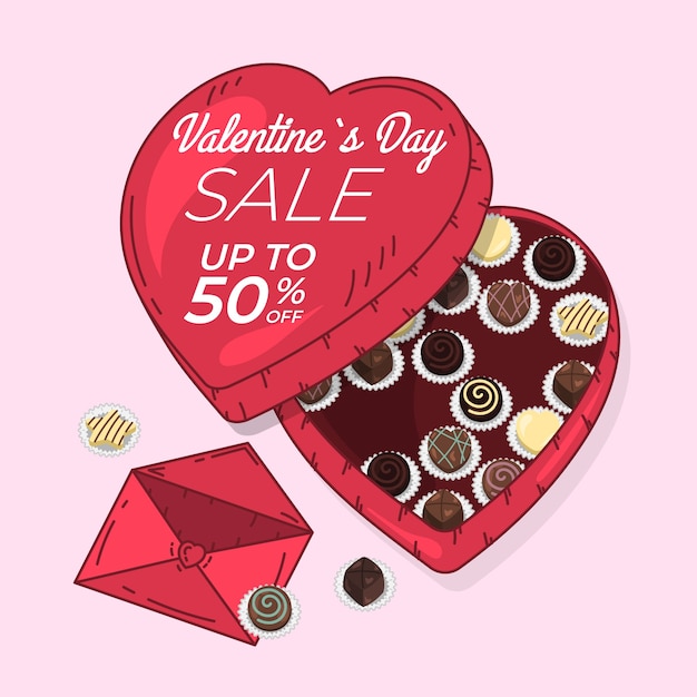 Vector gratuito venta de san valentín dibujada a mano con caja de chocolate en forma de corazón