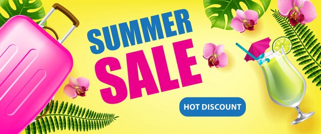 Venta de verano, banner de descuento caliente con hojas tropicales, flores, bebida fría y estuche de viaje