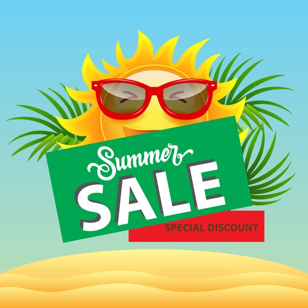 Venta de verano, cartel de descuento especial con sol de dibujos animados en gafas de sol