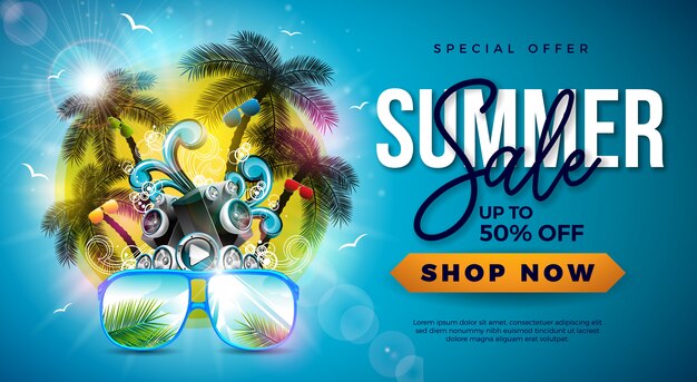 Venta de verano con palmeras y gafas de sol.