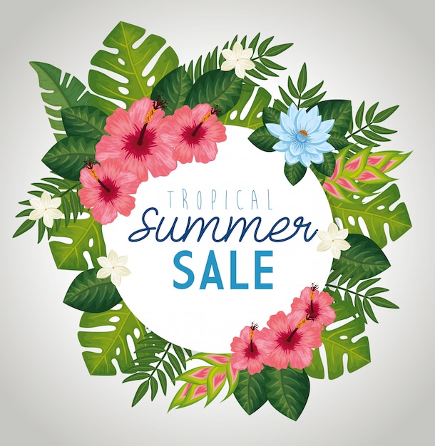 venta de verano tropical con marco de hojas y flores