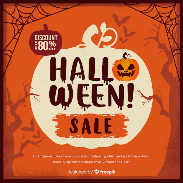 Vector gratuito venta vintage de halloween con telarañas y calabaza