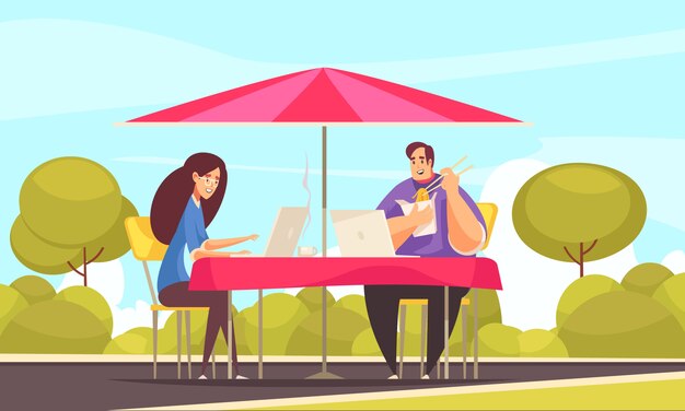 Ventajas de empleo flexible a distancia composición cómica plana con pareja de trabajadores independientes que trabajan al aire libre en la terraza del café