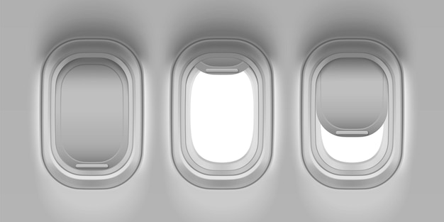 Ventana de avión cerrada abierta y entreabierta desde el interior