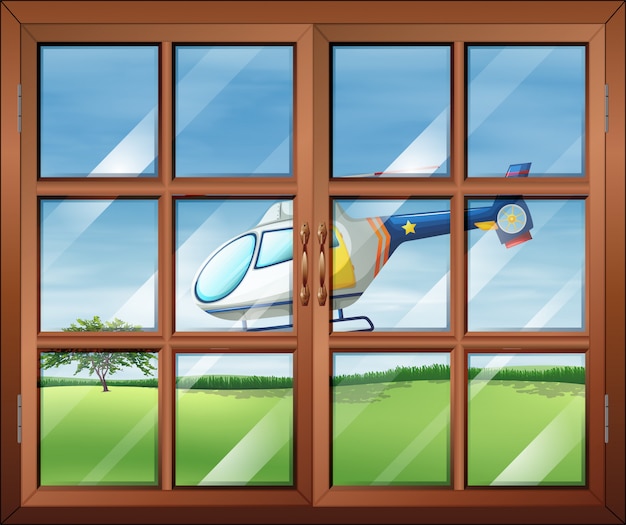 Una ventana cerrada y el helicóptero afuera Vector Premium 
