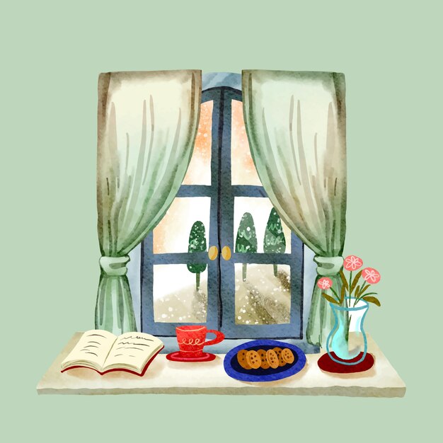 Ventana de invierno acuarela