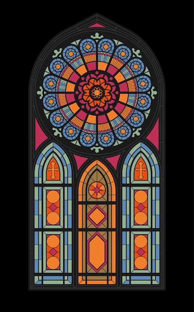 Ventana de mosaico de vidrio manchado vertical central de la ilustración de vector plano de iglesia gótica
