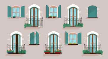 Vector gratuito ventanas acristaladas y balcones en la fachada gris de la ilustración vectorial plana de la casa