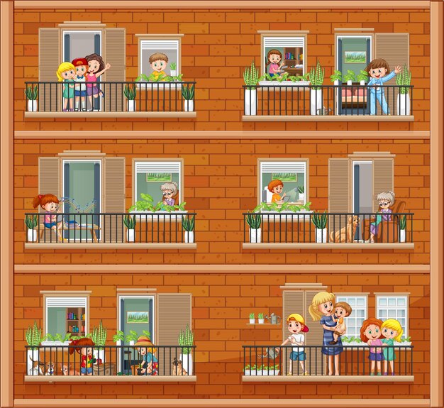 Ventanas de apartamentos con personajes de dibujos animados de vecinos