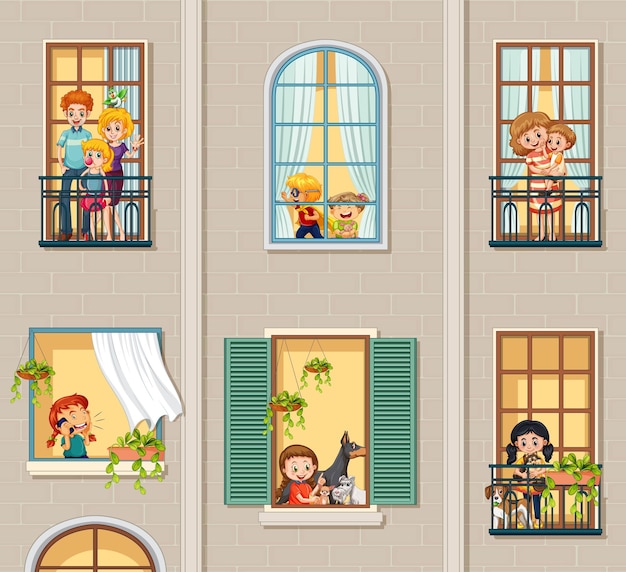 Ventanas de apartamentos con personajes de dibujos animados de vecinos