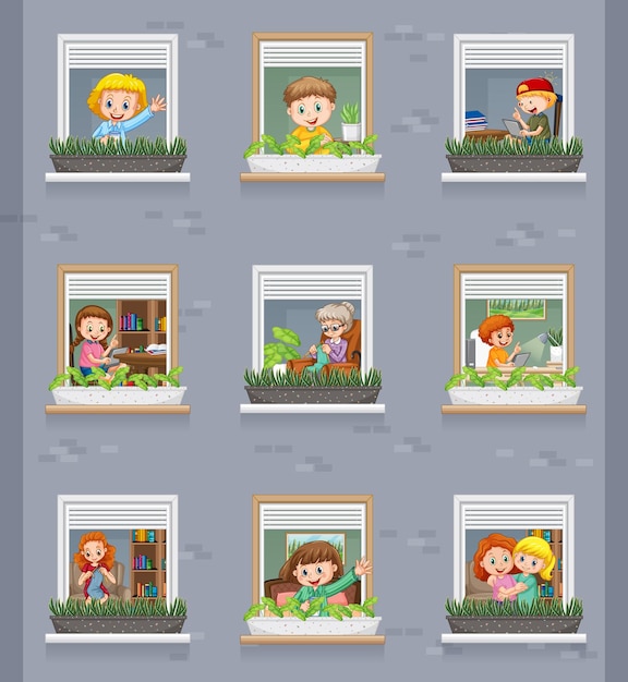 Vector gratuito ventanas de apartamentos con personajes de dibujos animados de vecinos