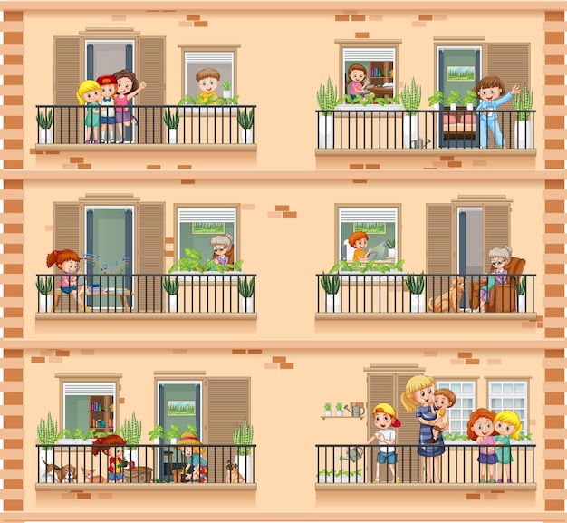 Ventanas de apartamentos con personajes de dibujos animados de vecinos