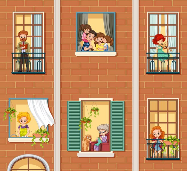 Ventanas de apartamentos con personajes de dibujos animados de vecinos