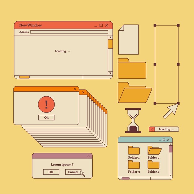 Ventanas de computadora retro dibujadas a mano