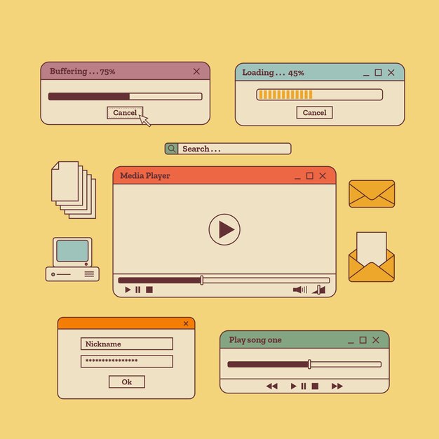 Ventanas de computadora retro dibujadas a mano