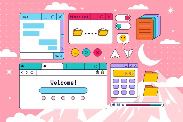 Ventanas de computadora retro dibujadas a mano