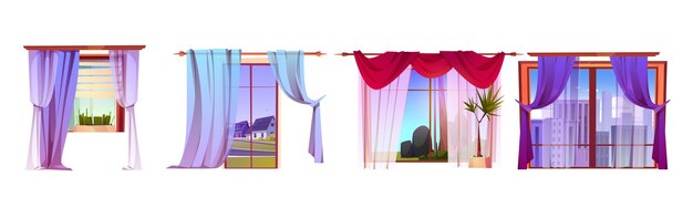 Ventanas con cortinas y diferentes vistas al exterior.