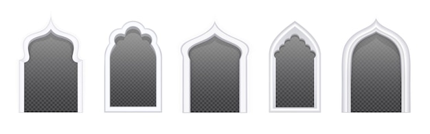 Ventanas islámicas o árabes del castillo o palacio de la mezquita Ramadán Eid enmarca elementos de diseño de arcos interiores o exteriores Portales arqueados con bordes de arquitectura ornamental Conjunto de vectores 3d realista