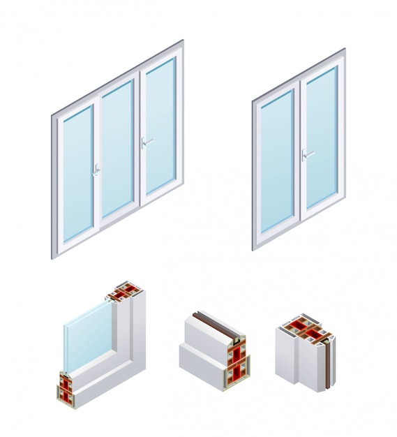 Ventanas isométricas de pvc y elementos de marco