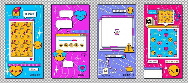 Ventanas Y2k para historias de teléfonos móviles pantalla retro.