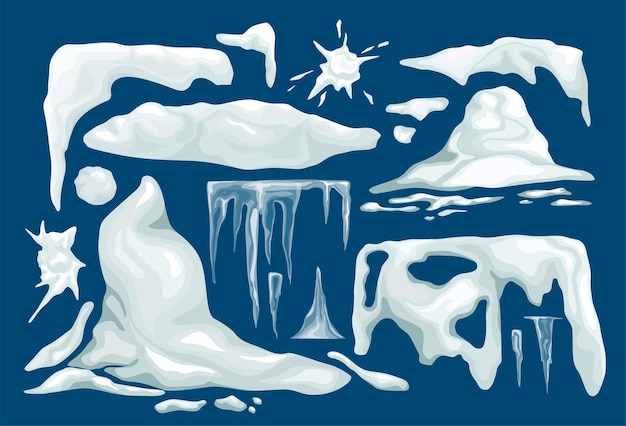 Ventisqueros blancos carámbanos y bolas de nieve de diferentes formas abstractas sobre fondo azul juego constructor aislado ilustración vectorial