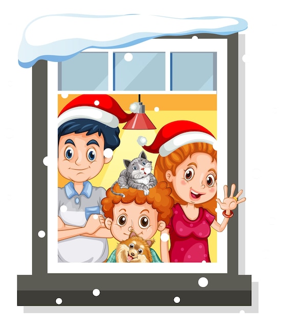 Ver a través de la ventana de la familia en el tema de navidad
