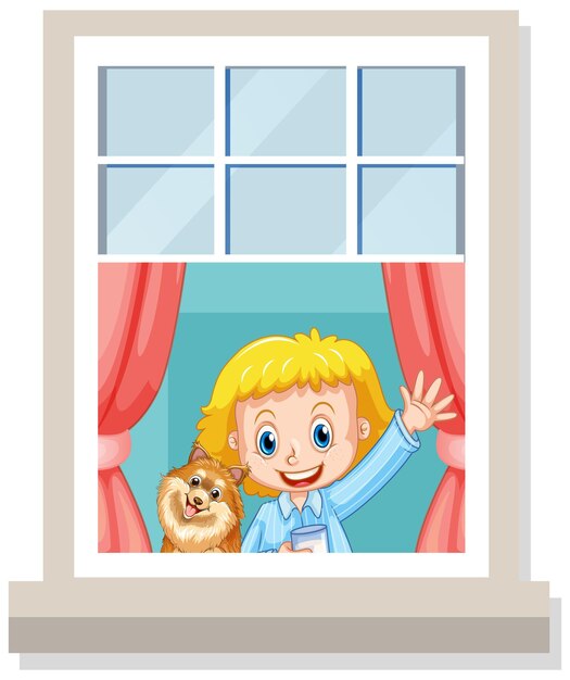 Ver a través de la ventana del personaje de dibujos animados de niña