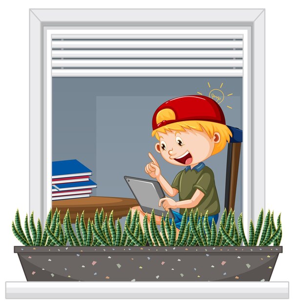 Ver a través de la ventana de un personaje de dibujos animados de niño