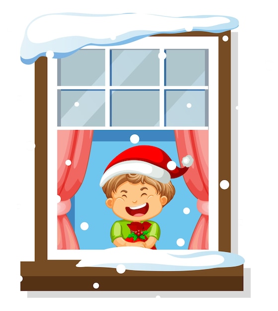 Ver a través de la ventana del personaje de dibujos animados en el tema de navidad