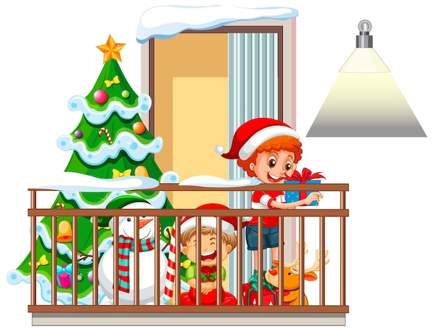 Ver a través de la ventana del personaje de dibujos animados en el tema de Navidad