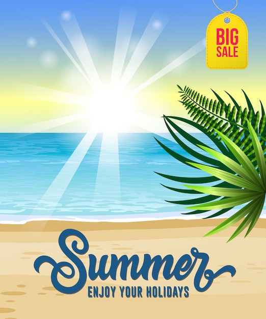 Vector gratuito verano, disfrute de sus vacaciones, gran folleto de venta con mar, playa tropical, salida del sol