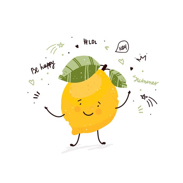 Verano de ilustración de dibujo de doodle de dibujos animados lindo de fruta de limón