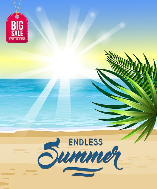 Vector gratuito verano interminable, gran cartel de venta con mar, playa tropical, salida del sol y hojas de palma.