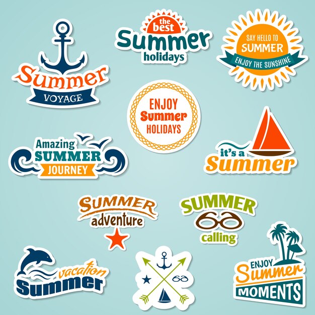 Verano de vacaciones tropicales de vacaciones de mar vacaciones pegatina conjunto aislado ilustración vectorial