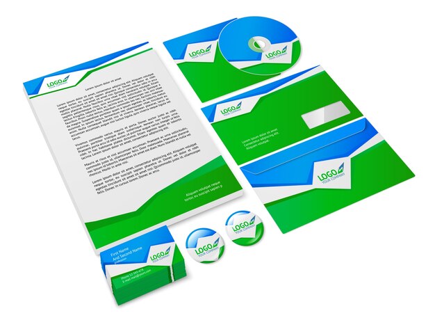 Verde y azul resumen empresa de negocios de estilo de papelería muestra de identidad corporativa aislados ilustración vectorial