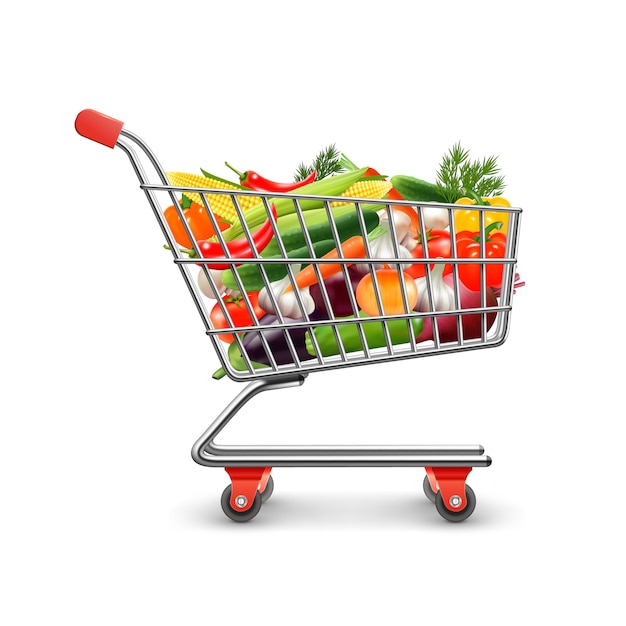 Las verduras concepto realista de compras con carro de la compra y productos vector ilustración
