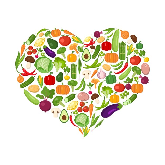 Verduras en forma de corazón en blanco. Todas las verduras frescas y saludables, incluidos los guisantes, el aguacate, el pepino, el lomo, el brócoli, la pimienta, el chile, el tomate y más.