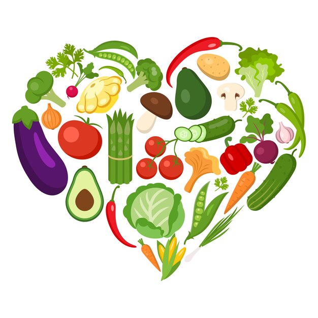 Verduras en forma de corazón en blanco